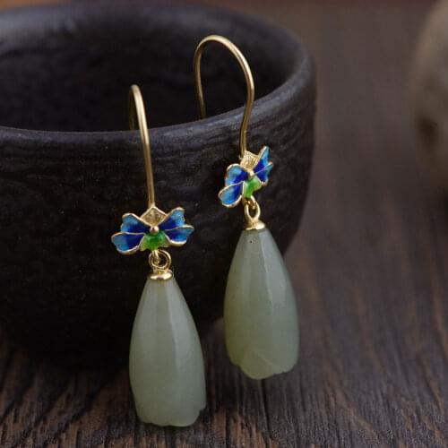 FNJ Enameling Flower Earrings 925 Silver 100% Pure Original S925 Silver Sterling Drop Earring for Women Jewelry Natural Jade