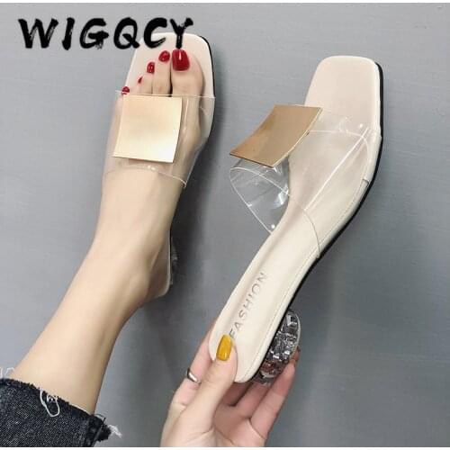 Fashion Square Buckle High Heels New Summer Shoes Woman Metal Transparent Square Mid Heel Mules Shoes Female Open Slippers Women