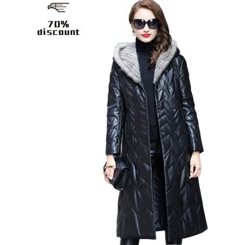 2020 Genuine Leather Jacket Real Sheepskin Coat Natural Knitted Mink Fur Hooded Long Womens Down Jackets