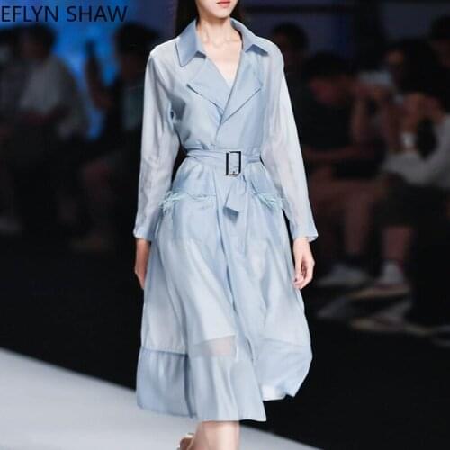 Spring Summer Women Trench Coat 2021 New Catwalk Lapel Belt Waist Feather Pocket Long Trench Sexy See-through Organza Coat