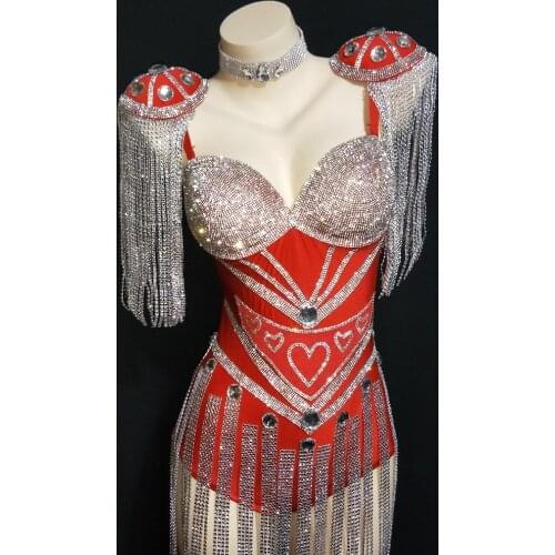 Fashion 3 Colors Crystals Epaulet Fringes Leotard Sexy Women Sparkly Tassel Outfit Women Celebrate Costume Stage Dance W
