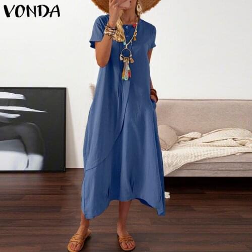 Women Dress 2021 VONDA Vintage Solid Color Irregular Hem Summer Midi Dress Casual Loose Tunic Dress With Pockets Robe Femme