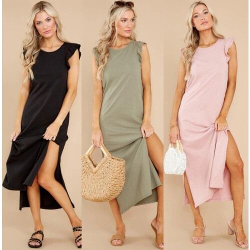 Summer Midi Dress Women 2021 Side Slit Sleeveless Black Dresses Ruffles Green O-neck Vintage Party Long Casual Dress Pink Robe