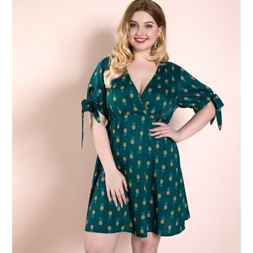 DOIB Green Plus Size Dress Pineapple Print Cross V Neck Large Size Dress 2020 Office Lady Vintage Bow Sleeve Dress