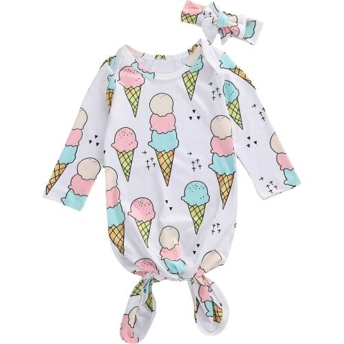 2020 New Lovely Baby Kids Sleeping Bags Romper Long-Sleeved Top Round Collar Lace-up Buttons Ice Cream Printed Clothes