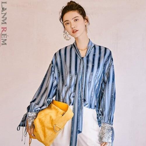 LANMREM 2021 Spring Blouse Split Joint Striped Shirt For Women Fashion New Loose Design Ladies Streetwear Tops YJ049