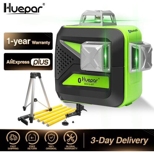 Huepar Green Beam 3D Laser Level with Bluetooth Function Self-Leveling Cross Line USB Charge, Dry & Li-ion Battery & Tripod Sets