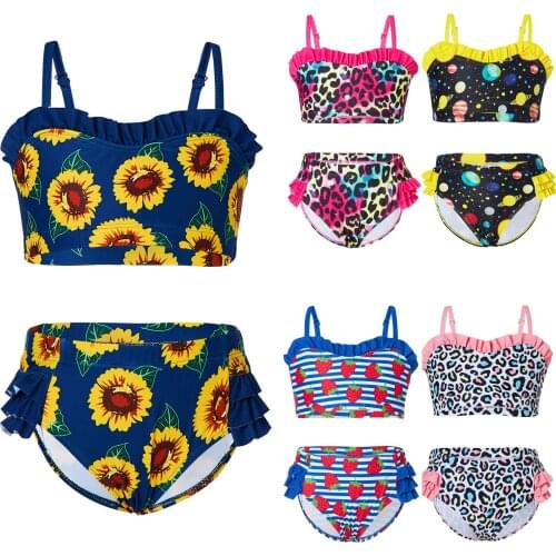 2021 Summer Two Piece Swimsuit Girls' Summer Cute Crisscross Back Leopard Floral Print Two-Piece Swimsuit Beachwear Kaiwaii