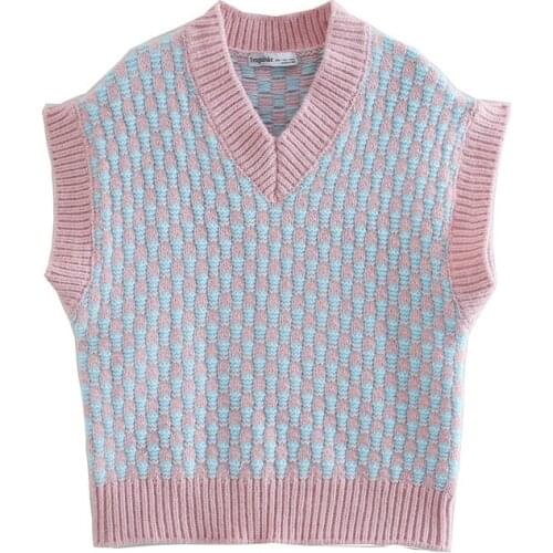 FASHION 2021 ZA women winter sleeveless sweater Blue embellished wool vest chic female Pullovers ladies waistcoat