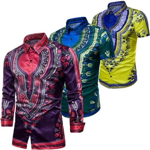 2018 Spring New Fashion Tribal Africa Traditional Pattern Dashiki Men African Shirt 3D Print Yellow Green Purple