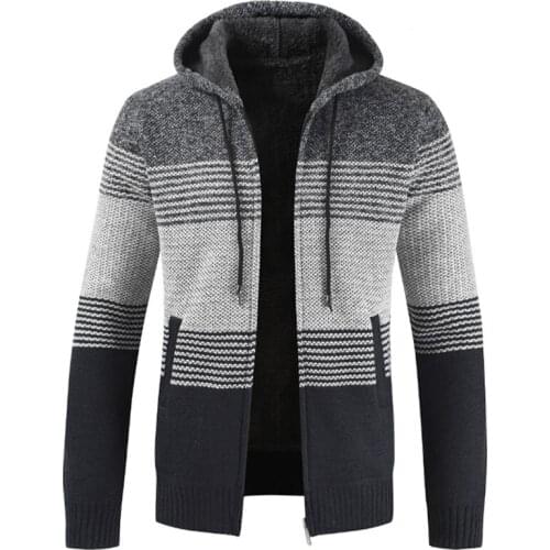 Mens Sweater Jackets Spring Autumn Mens Hooded Stripe Coat Thick Zipper Wool Sweaters Cardigan Jumpers Male