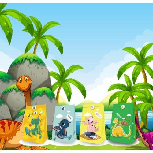 12pcs Cartoon Dinosaur Candy Gifts Bags With Stickers Jungle Party Deco Sweet Gifts Box Kids Birthday Baby Shower Party Supplies
