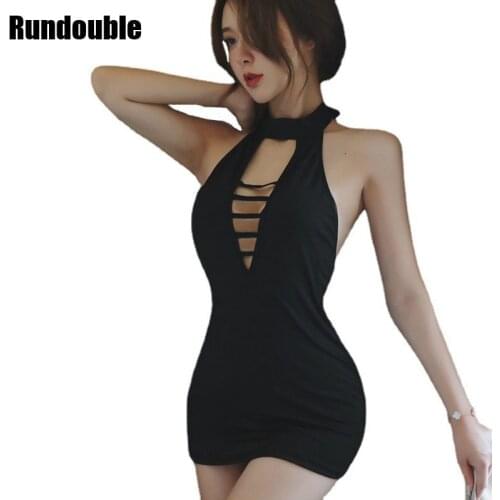 New Aesthetic Sexy Hollow Tight Dress With Halter Nightclub Wrap Buttock Short Skirt Backless Lingerie Nightdress Uniform Hot