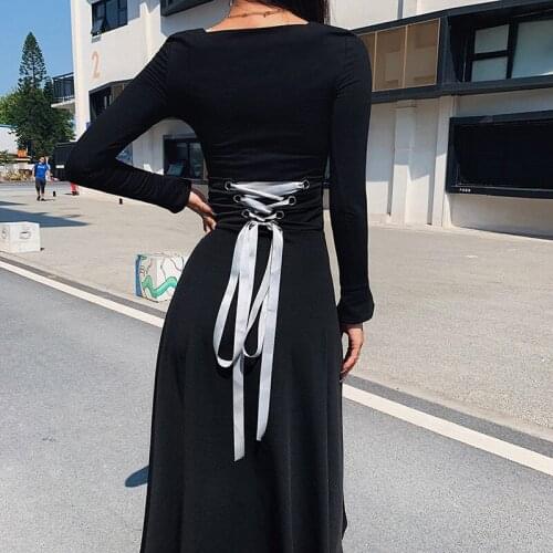 OMSJ Autumn Winter Womens Clothing Fashion Black Bodycon Long Dress 2019 Ladies Elegant Full Sleeve Square Collar Party Vestidos
