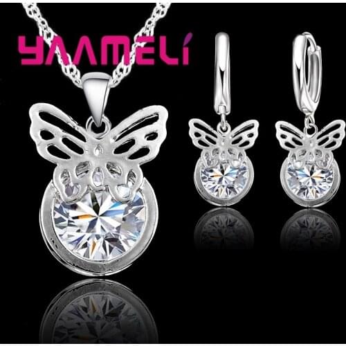 Simple Butterfly Shape Pendant Necklace Earrings Sets For Party 925 Sterling Silver Austrian Crystal Engagement Jewelry