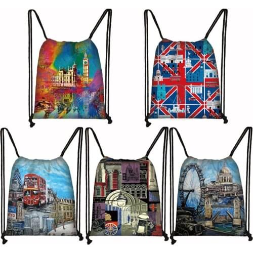 British Street Style Drawstring Bag London Architecture Eiffel Tower Painting Backpack Teenager Women For Travel Shoes Bags Gift