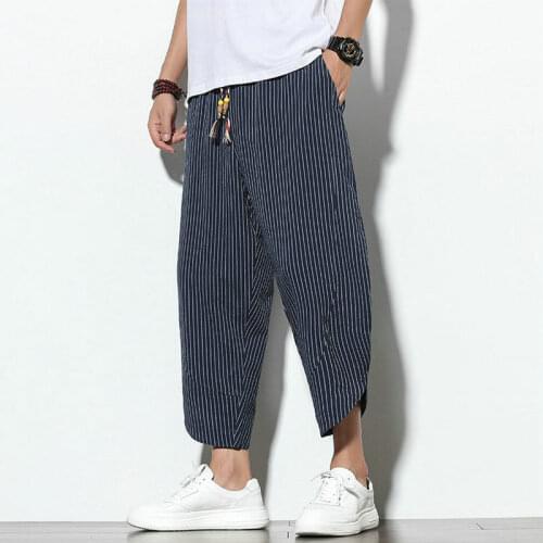 Baggy Cotton Linen Harem Pants Men 2020 Korean Vintage Striped Men Women Hip Hop Plus Size Wide Leg Pant Pantalone
