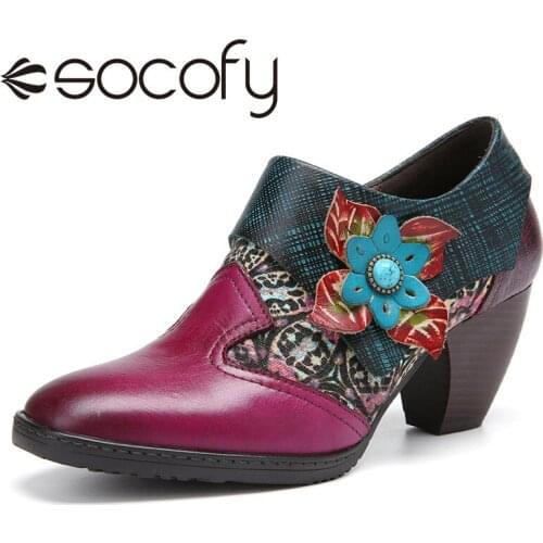 SOCOFY Women Retro Style Leather Block Heel Boots Flower Beaded Zipper Pump Shoes Casual Outdoor Boots Botas Mujer 2020