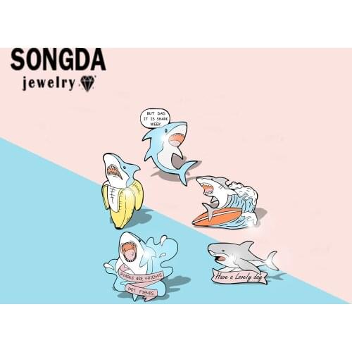 SONGDA Cartoon Shark Lapel Pins Shark Banana Surfing Banner Cute Design Patterns Denim Shirt Badges Jewelry for Child Best Gift