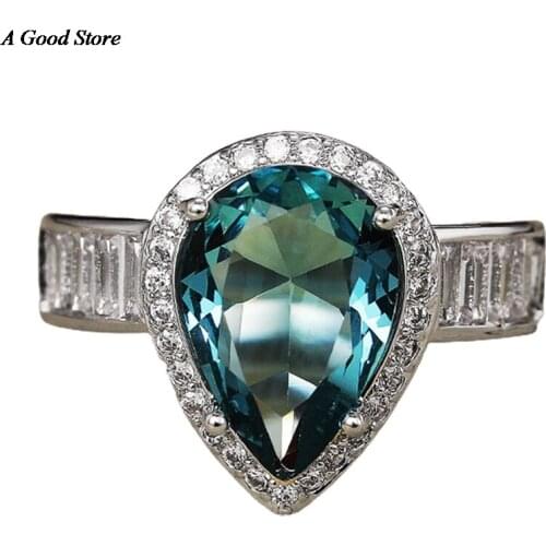 European And American Ocean Blue Water Drop Shaped Engagement Ring Women Brilliant Female Accessories Party Anniversary Jewelry