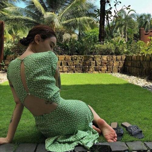 Women Print Sexy Beach Backless Dress Summer Split Floral Boho Dress Casual Holiday Lady Crew Neck Midi Dress