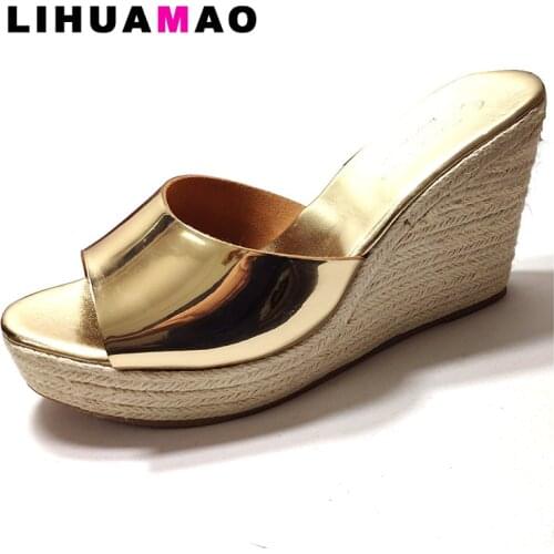 LIHUAMAO Golden wedges shoes for women high heel platform peep toe slipper outdoor slides casual rope sole