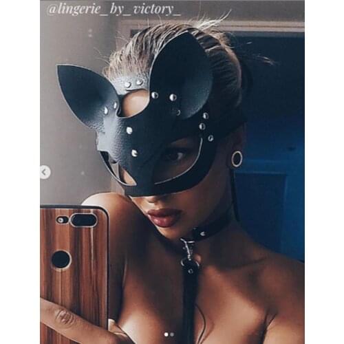 Women Cosplay Costume Sexy PU Leather Stretchy Black Red Eye Half Mask with Ears Party Hot Sale