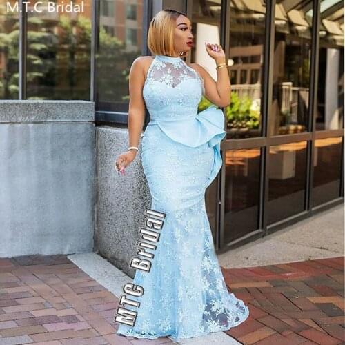 New Arrival Mint Blue Lace Mermaid African Evening Dress O Neck Sleeveless Long Formal Dresses Plus Size Wedding Party Gowns