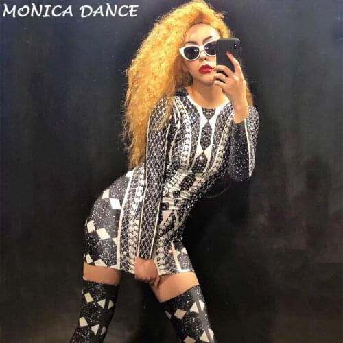 Women Sexy Dance Glisten Rhinestones Stretch Black Dress DS Evening Luxurious Wear Birthday Celebrate Outfit Long Sleeves Dress