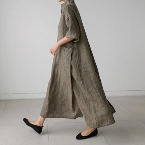 Women Vintage Cotton Linen Dresses V-Neck Solid Color Robes New Loose Dress Short Sleeve Pockets Fashion Split Fork Femal Eskirt