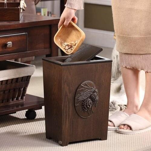 2PCS Vintage Trash Home Living Room Creative American Retro Wooden Large Garbage Bin With Lid Bedroom Dining Room Paper Basket