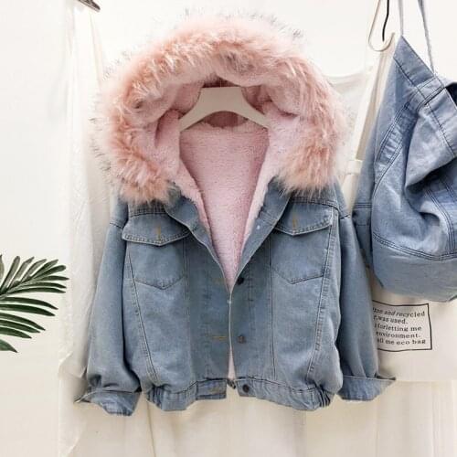Velvet thick denim jacket female winter big faux fur collar Korea denim coat female student short coat DQ122