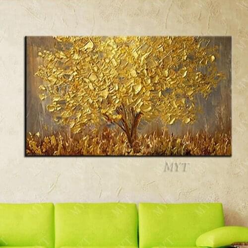 New Handmade Large Modern Canvas Art Oil Painting Knife Golden Tree Paintings For Home Living Room Hotel Decor Wall Art Picture