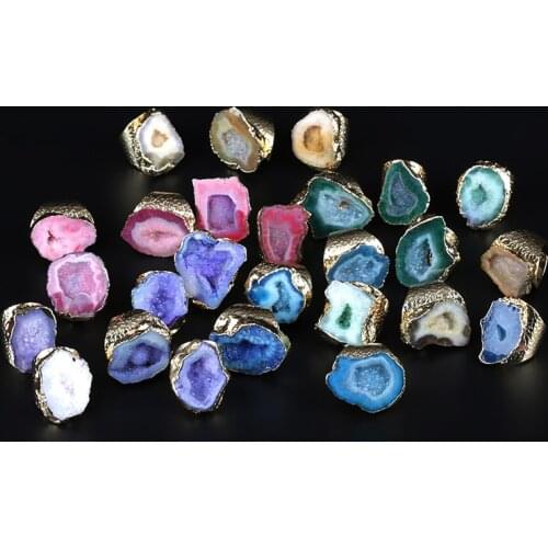 Big gold multi colors geode crystal semi precious stone slice bead charm open hammered rings cuff for woman man hand jewelry