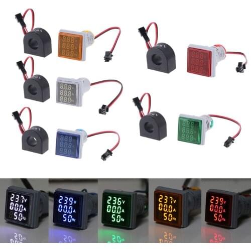 Digital 3in1 AC Ammeter Voltmeter Hz Current Frequency Meter Square Signal Light 22mm Digital Voltage Amp Hz Led Lamp Indicator