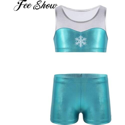 Kids Girls Shiny Metallic Costumes Ballet Gymnastics Leotard Outfit Tank Top with Bottoms Set for Ballet Class Stage Performance