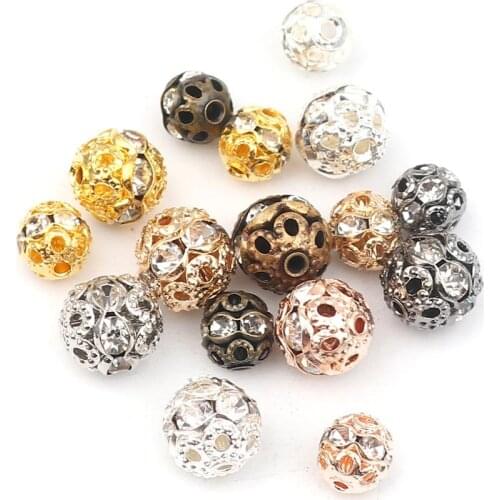 DoreenBeads Fashion Spacer Beads Metal Round Rhinestone DIY Making Bracelets Jewelry About 6mm Dia., Hole: Approx 1.1mm, 50 PCs