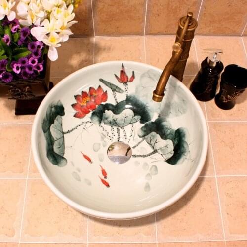 China Artistic Handmade Red Lotus PaintingCeramic wash basin Round Counter top wash sink art round wash basin