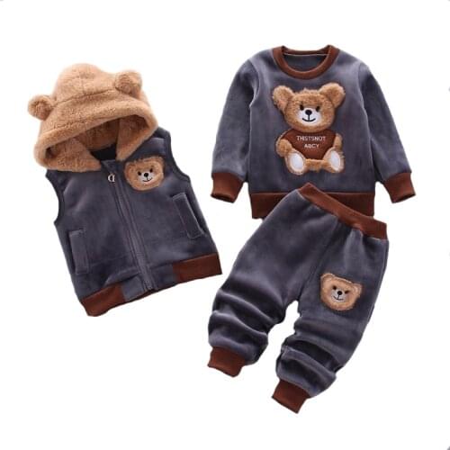 Warm Bear Clothing Set For Boys Winter Thick Plus Velvet Kids Suit Hooded Vest +Shirt + Pants Outfits Toddler Children Clothes