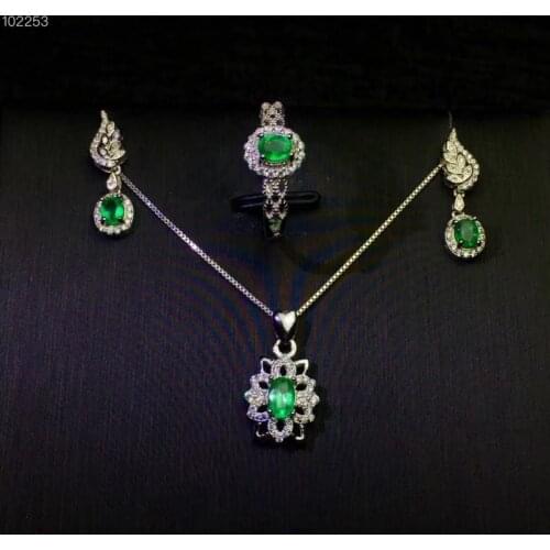 Columbia natural emerald set ring earrings necklace fashionable with new design quality 925 Silver