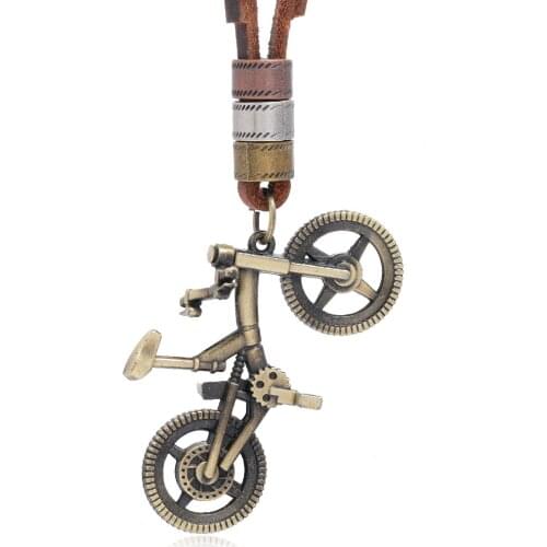 New Mens Punk Style Retro Bicycle Leather Necklace Length Can Be Adjusted Freely Pendant Necklace Women Jewelry Small Gift