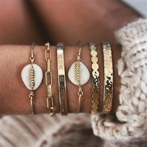 New Vintage Gold Geometric Round Chain White Stone Shell Fashion Bracelets For Women Boho Multiple Layers Bracelet Set Jewelry