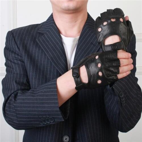 Spring Mens Leather Gloves Driving Unlined 100% Goatskin Half Finger Gloves Fingerless Gym Fitness Gloves Mittens Free Shipping