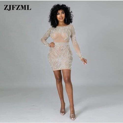 Midnight Style Black Apricot Womens Mini Dress Mesh Rhinestone Beading Transparent Wrap Dresses Elegant Backless Pencil Robe