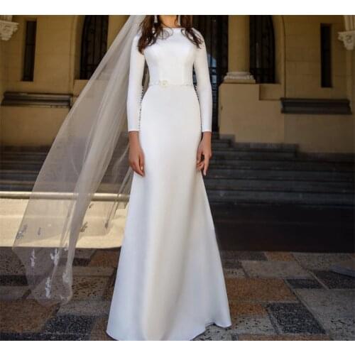 Simple Boat Neck Long Sleeve Bridal Gown Mermaid Wedding Dress Satin Closed Back Minimalist vestidos de mairee Wedding Dress