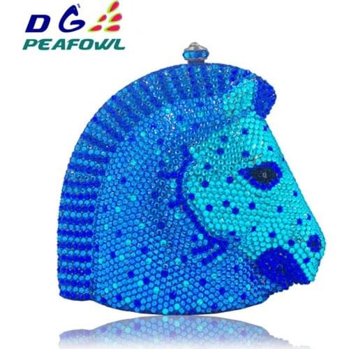 Horse Head Blue Crystal Luxury Women Clutch Bag Minaudiere Handcraft Party Evening Bag Sparkly Silver Diamond Ladies Banquet Bag