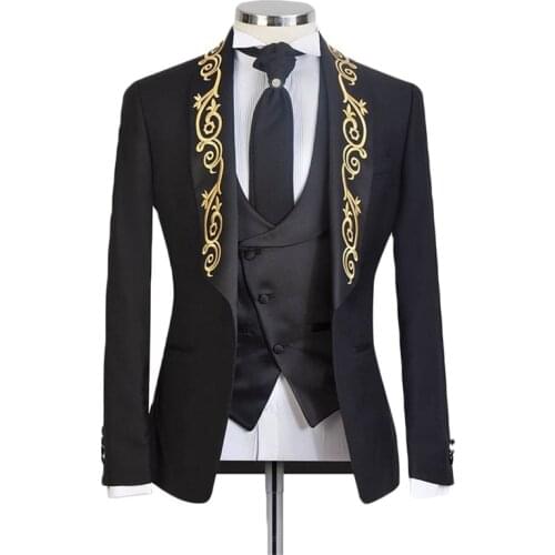 2 Pieces Wedding Tuxedos Men Suit Modern Gold Appliqued Custom Made Handsome Spring Suits For Man Jacket+Vest