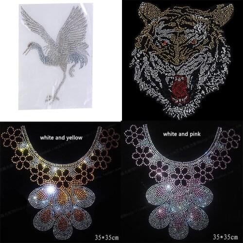 2pc Crane Birds Hot Fix Tiger Rhinestones Heat Transfer Motifs Iron on Patches for T-Shirt Clothes Decorated Craft P2082