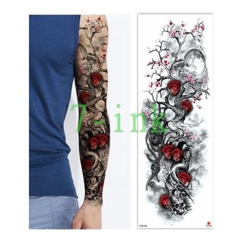 Waterproof Tattoos Sticker Full Arm Dead tree moon red flower skull tattoo Water Transfer flash tatoo fake tattoo for men women