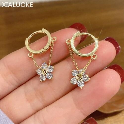 XIALUOKE Korea Fashion Metal Circular Earclip Chain Zircon Flower Pendant Earring For Women Trendy Crystal Drop Earrings Jewelry